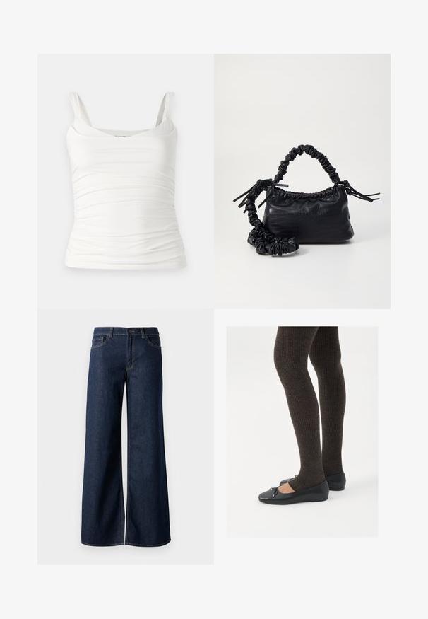 Hvid ærmeløs top med en rund udskæring. Har samlet tekstur langs siderne for et tætsiddende look. Lavet af blødt, strækbart stof.; Bredde ben jeans i mørkeblå denim. Har kontrastsyninger, fem lommer og en knaplukning i taljen. Glat tekstur.; Sorte flade sko med en lille sløjfedetalje ved tåen, parret med mørkebrune ribbede strømpebukser. Skoene har en glat overflade og lav profil.; Sort kunstlæder håndtaske med krokodilteksur, indsnøret top og en sammenkrøben rem. Ser blød og kompakt ud i designet.