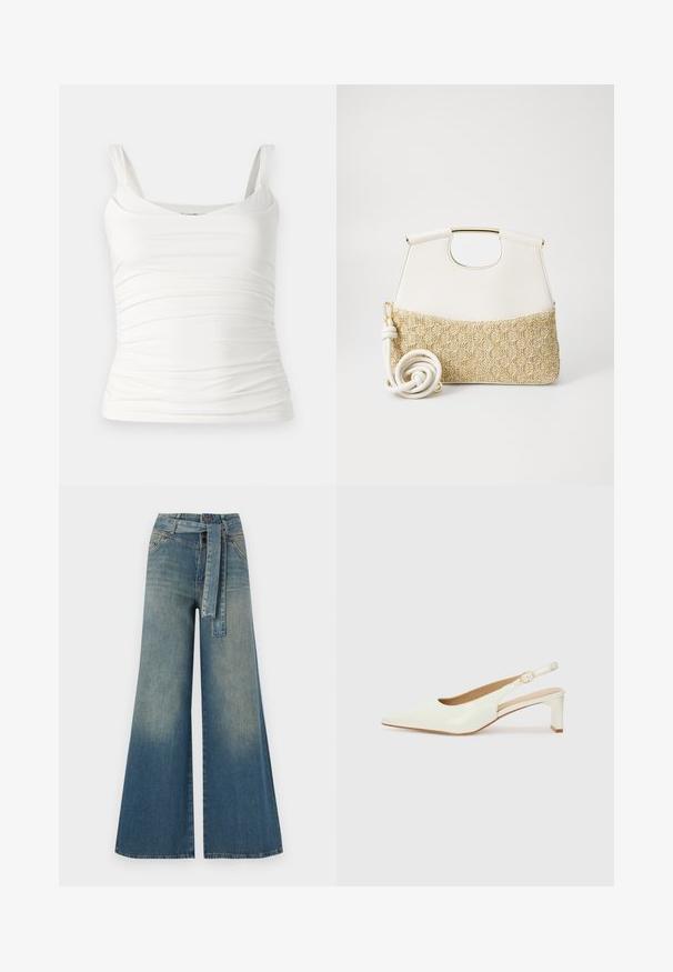 Biela tielko bez rukávov s okrúhlym výstrihom. Má naskladanú textúru po stranách pre priliehavý vzhľad. Vyrobené z mäkkého, pružného materiálu.; Džínsy s širokými nohavicami, ktoré majú prechod od svetlomodrej po tmavomodrú, vysoký pás, pútka na opasok a opasok z rovnakého materiálu. Textúrovaný denimový povrch.; Biele lakované lodičky na podpätku so špicatou špičkou a nízkym blokovým opätkom. Obsahujú jemný remienok s detailom zlatého tónu.; Biely kožený kabelka so štruktúrovaným krémovým tkaným dnom. Obsahuje zlatý úchyt a vinutý biely popruh pre univerzálnosť.