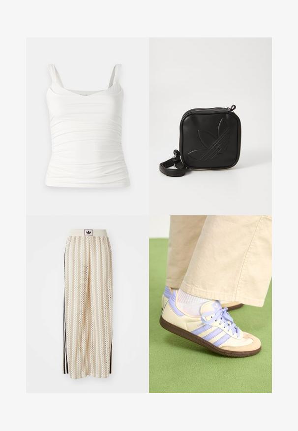 Weißes ärmelloses Oberteil mit einem runden Ausschnitt. Verfügt über geraffte Textur an den Seiten für eine figurnahe Passform. Hergestellt aus weichem, dehnbarem Stoff.; Cremfarbene, weit geschnittene Hosen mit einem Zickzackmuster, ausgestattet mit einem schwarzen Logo-Bund und seitlichen schwarzen Streifen. Leichter, strukturierter Stoff.; Cremefarbene und lavendelfarbene Sneakers mit drei Streifen und einer strukturierten braunen Sohle, ausgestattet mit Schnürsenkeln und einer gepolsterten Ferse. Obermaterial aus weichem Stoff.; Schwarze Umhängetasche aus strukturiertem synthetischem Material. Verfügt über ein eingeprägtes Logodesign und einen verstellbaren Riemen. Mit Reißverschluss geschlossen.