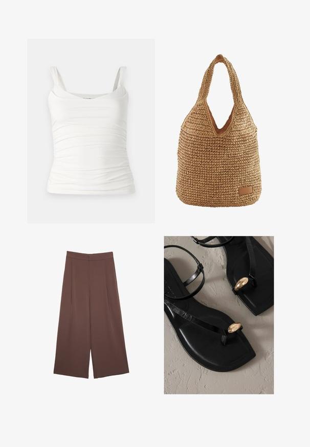 Biela tielko bez rukávov s okrúhlym výstrihom. Má naskladanú textúru po stranách pre priliehavý vzhľad. Vyrobené z mäkkého, pružného materiálu.; Hnedé nohavice so širokými nohavicami a hladkou textúrou, s vysokým pásom a prednými skladmi. Tkanina je ľahká a voľne sa pohybuje.; Čierne ploché sandále s lesklým povrchom, s úzkymi pásikmi a zlatým kovovým akcentom. Minimalistický dizajn a hladká textúra.; Tkaná slamenná taška s uvoľneným tvarom, béžovej farby, V-otvorom a koženou značkou na spodnej strane. Mäkka textúra.