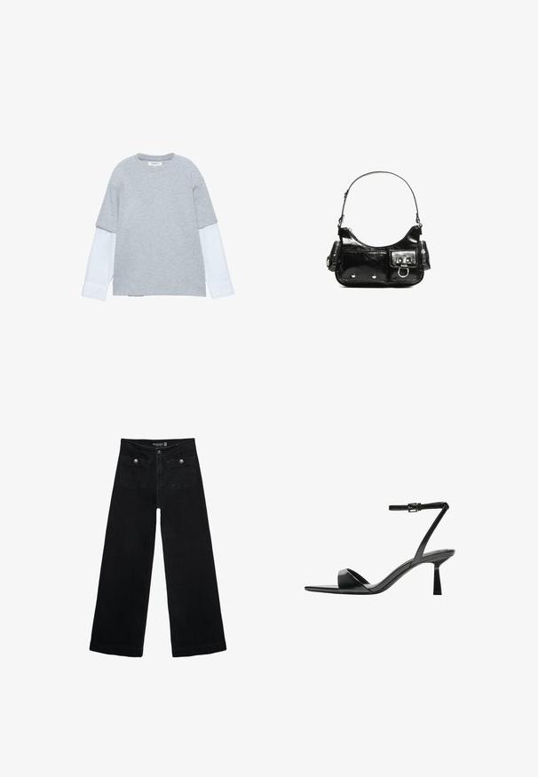 Sivá tričko s krátkymi rukávmi, s bielou dlhoročnou košeľou pod ním. Mäkkočková zmesová tkanina, voľný strih.; Čierne široké nohavice s vysokým pásom, s dvoma prednými vreckami a kovovými detailmi na gombíku. Tkanina má hladkú textúru.; Bershka Sandále na vysokom opätku - black; Čierna laková kožená kabelka s ohnutým tvarom, jedným ramenným popruhom, prednými vreckami a striebornými kovovými doplnkami.