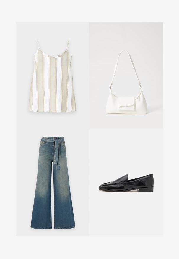 Strapless top with a relaxed fit, featuring vertical beige and white stripes. Made from a lightweight fabric with a smooth texture.; Wide-leg denim trousers featuring a light to dark blue gradient, high waist, belt loops, and a matching fabric belt. Textured denim finish.; Black leather loafers with a smooth finish, featuring a stitched design along the front edge and a low, square heel.; White synthetic handbag with a triangular shape, flat front flap and bow detail, adjustable strap, smooth texture, and minimalistic design.