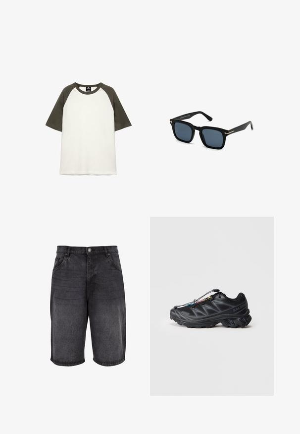 T-Shirt mit kurzen Ärmeln aus Baumwolle, in Weiß mit dunkelgrünen Raglanärmeln und Rundhalsausschnitt.; Schwarze Jeansshorts mit lockerer Passform, fünf Taschen Design und Knopfverschluss. Der Stoff hat eine glatte Textur mit dezentem Verblassen.; Schwarzer Sportschuh mit einem strukturierten Mesh-Obermaterial, verstärkter Zehenkappe und einem Schnellverschluss-System. Verfügt über eine robuste Laufsohle und einen leichten Absatz.; Schwarze quadratische Sonnenbrillen mit dunklen Gläsern, mattem Finish und goldenen Metallakzenten an den Bügeln, die ein minimalistisches Design aufweisen.