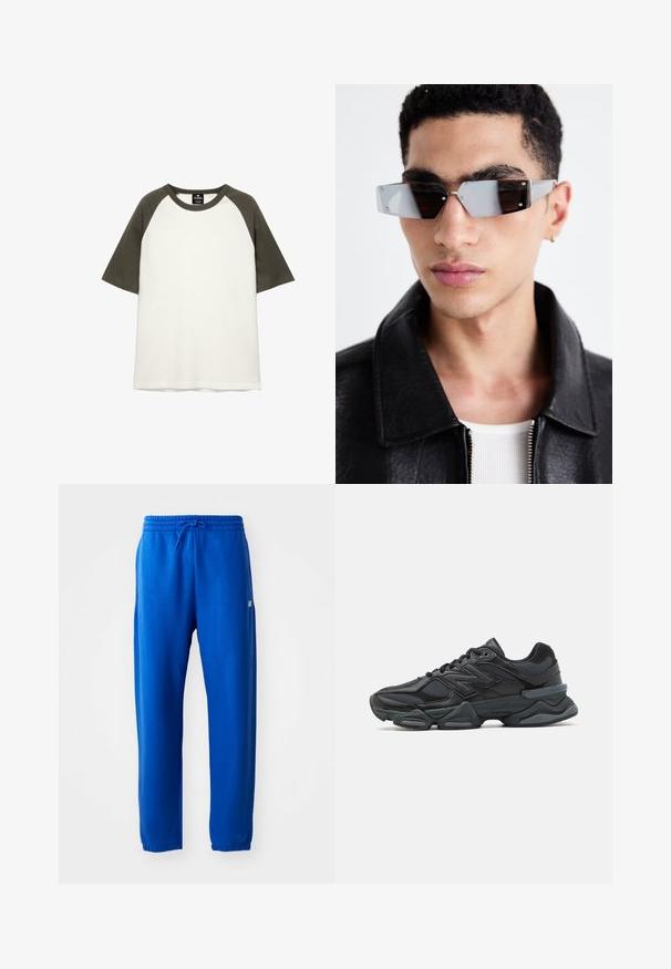 T-shirt s krátkym rukávom vyrobený z bavlny, s bielym telom a tmavozelenými raglánovými rukávmi a okrúhlym výstrihom.; Modré tepláky vyrobené z jemnej látky, s elastickým pásom na šnúrku, so zúženými nohavicami a malým logom na boku.; Čierna bežecká obuv so zmesou sieťoviny a syntetických materiálov, robustnou podrážkou, zakriveným dizajnom a výrazným logom na boku.; Uhly šedé slnečné okuliare s striebornými prvkami na svetlom pozadí. Šošovky majú jedinečný geometrický tvar.