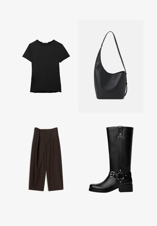 Fekete, rövid ujjú póló sima anyagból. Kerek nyakú és laza szabású, egyenes szegéllyel.; Sötétbarna, bő szárú nadrág magas derékkal, egyetlen gombos záródással és redős elülső résszel. Könnyű anyagból készült.; Magas fekete műbőr csizma lekerekített orral, kiemelkedő övcsattal és vastag sarokkal. Sima textura és függőleges varrás a szárán.; Fekete bőr hobo táska sima textúrával, ívelt formával és egyetlen állítható pánttal; széles nyílás található a tetején.