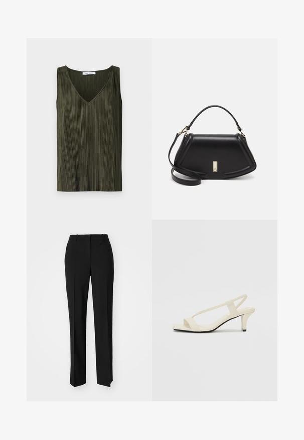 Samsøe Samsøe SAUMA - Top - forest night; Pantaloni neri su misura con un design a gamba dritta, caratterizzati da una texture liscia e pieghe ben definite sul davanti. Senza hardware visibile.; Sandali con tacco a blocco beige, con sottili cinturini e punta quadrata. Materiale liscio con dettagli minimi, progettati per un facile utilizzo.; Borsa a mano in pelle nera con un design strutturato, caratterizzata da una forma corta, manico superiore e accessori in metallo dorato. Inclusa tracolla regolabile.