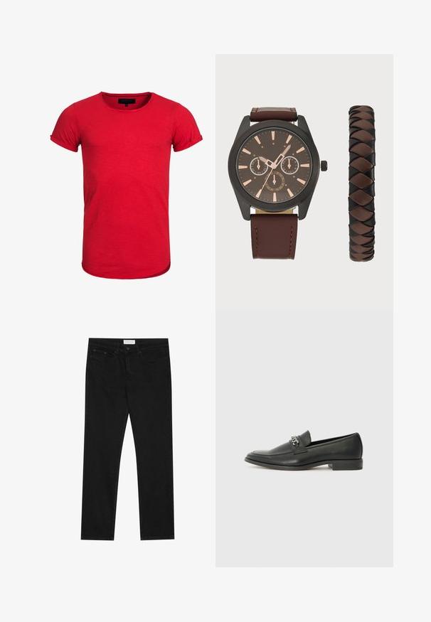 T-shirt en coton rouge avec un col rond, des manches courtes roulées et un ourlet légèrement arrondi. Le tissu a une texture subtile et est ajusté.; Jean droit noir avec un design à cinq poches, fermeture à bouton et zip, et une étiquette de marque Pier One sur la taille.; Mocassin en cuir noir avec une finition lisse, présentant un design cousu et une accent décoratif en chaîne métallique sur le rand. Talon plat.; Pier One SET - Montre - black/brown