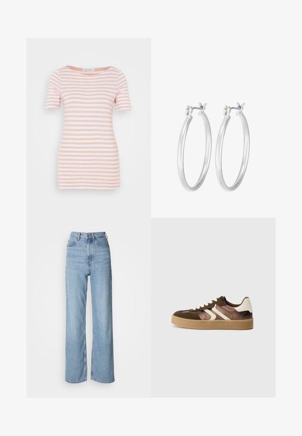 Šviesiai rožinė ir balta dryžuota marškinėliai, pagaminti iš minkštos medžiagos. Turi apvalų iškirpimą ir trumpas rankoves, su tiesiu apatine briauna.; Šviesiai mėlynos aukštu juosmeniu džinsinės kelnės su tiesiomis kojomis, pagamintos iš džinsinio audinio, su priekiniais mygtukais ir subtiliais blukimo akcentais.; Rudi ir kreminiai sportbačiai, pagaminti iš zomšos ir satino, su trimis įstrižomis juostelėmis ir tekstūruotu guminiu padu.; Sidabriniai auskarai su sklandžiu, poliruotu paviršiumi. Apvalios formos ir saugus uždarymo mechanizmas. Lengvas dizainas, tinkantis kasdieniam dėvėjimui.