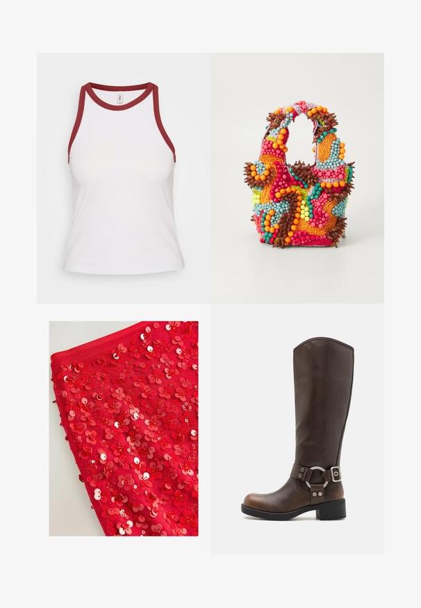 Fehér bordás ujjatlan felső bordó kontrasztos kerek nyakrésszel és karöltőkkel; testhezálló fazon, puha tapintás és minimalista stílus.; Piros anyag, amelyet fényes piros flitterek borítanak, virágformára alakítva, különböző méretekkel és textúrákkal, réteges, texturált megjelenést kölcsönözve.; Barna bőr térd fölé érő csizma kerek fém díszítéssel és csattal. Enyhén textúrázott felsőrész, rétegelt sarkú és kerek orrú kialakítás.; Gyöngyökkel díszített táska élénk színekben: rózsaszín, narancs, kék és barna. Texturált felület, kör alakú gyöngyökkel és organikus formákkal, tartós fogantyúkkal.