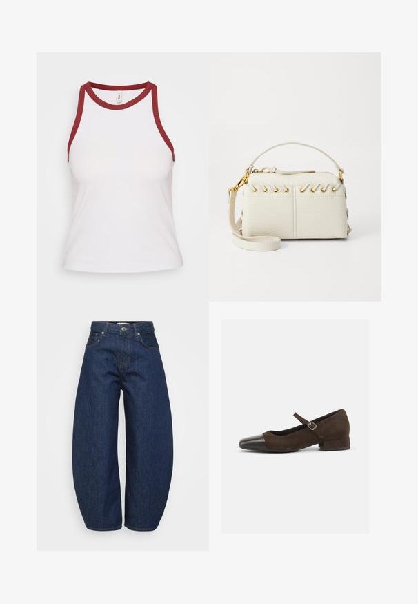 Weißes, geripptes Tanktop mit burgunderfarbenem, kontrastierendem Rundhals- und Armausschnitten; figurbetontes Design, weicher Stoff und minimalistischer Stil.; Hochtaillierte dunkelblaue Denim-Jeans mit weitem Bein, Knopf- und Reißverschluss vorne sowie klassischem Fünf-Taschen-Design.; Braune Wildleder-Mary-Jane-Schuhe mit einer schwarzen Lackleder-Zehenspitze, verstellbarem Riemen und einem niedrigen Blockabsatz. Glatte Textur mit minimalen Akzenten.; Weiße Kunstlederhandtasche mit einem oberen Reißverschluss, einem kurzen Griff und einem abnehmbaren Schultergurt mit goldfarbener Hardware. Seitliche Schnürdetails.; Silberne Creolen mit polierter Oberfläche, die kleine goldene Akzentdetails und eine runde Form aufweisen, am Ohrläppchen getragen.
