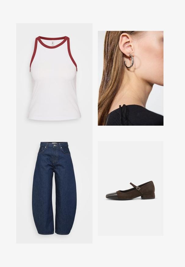 White ribbed tank top with a burgundy contrasting round neck and armholes; fitted design, soft texture, and minimalistic style.; High-waist dark blue denim jeans with wide legs, front button and zipper closure, and classic five-pocket design.; Brown suede Mary Jane shoe with a black patent leather toe cap, adjustable strap, and a low block heel. Smooth texture with minimal accents.; Silver hoop earring with a polished finish, featuring small gold accent details and a round shape, worn on the lobe.