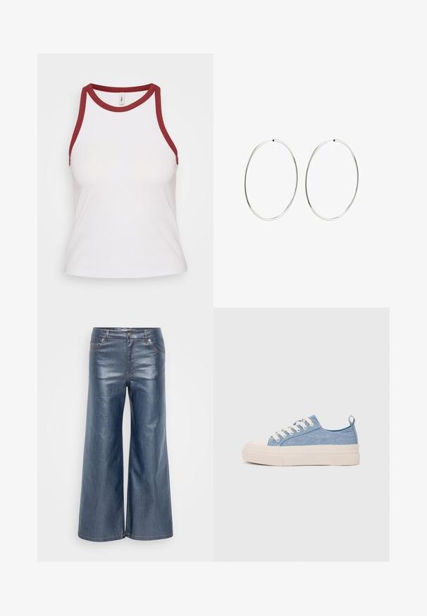 Valkoinen ribattu toppi, jossa on viininpunainen kontrastivärinen pyöreä pääntie ja kainalot; istuva malli, pehmeä tekstuuri ja minimalistic tyyli.; Tummansinisiä, leveälahkeisia farkkuhousuja, joissa on sileä pinta, viisi taskua ja kontrastivärinen ompelu. Edessä napitettava ja vetoketjullinen suljenta.; Vaaleansiniset kangaskengät, joissa on kerma värinen kuminen varvaskuppi ja pohja, valkoiset nauhat ja vetotappi kantapäässä.; Hope hopeita hopeita, joissa on sileä, pyöreä muoto ja kiiltävä pinta. Ne ovat ohuita ja kevyitä, ja niissä on yksinkertainen lukitus.