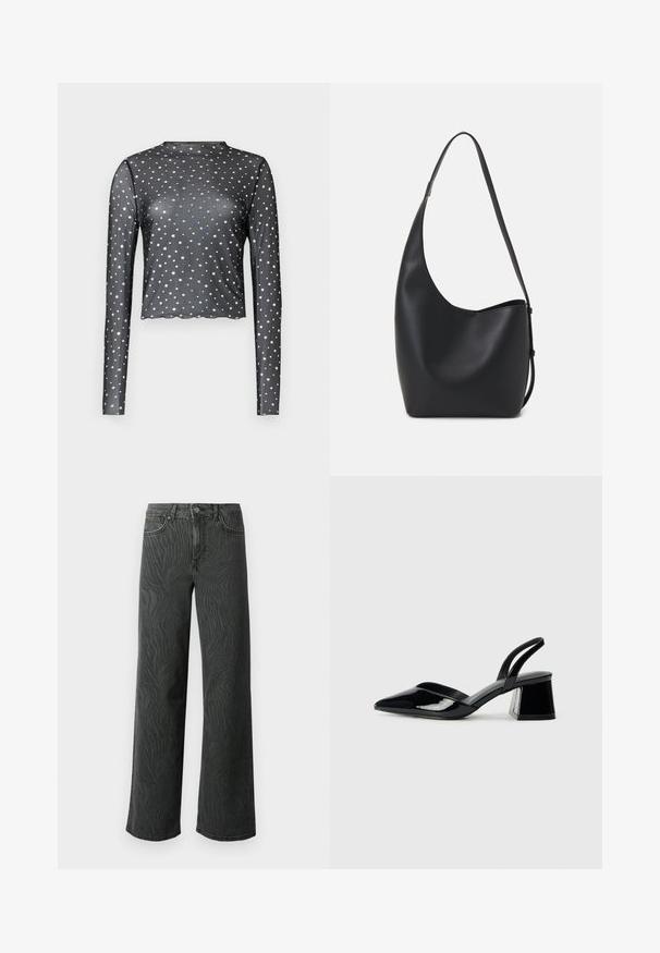 Čierny top s dlhým rukávom vyrobený z priesvitnej textílie, so zúbkovaným lemom a strieborným potlačou hviezd po celom povrchu. Tvarovaný a priliehavý dizajn.; Džínsy so širokými nohavicami v tmavošedej denime, s jemnou textúrou v zebrovom vzore, kontrastným prešívaním a dizajnom s piatimi vreckami a gombíkovým zapínaním.; Čierne lakované kožené sandálové podpätky s špicatou špičkou a geometrickým blokovým podpätkom. Disponujú elegantným, minimalistickým dizajnom a hladkým povrchom.; Čierna kožená hobo taška so hladkou textúrou, zakriveným tvarom a jedným nastaviteľným popruhom; má široké otvorenie na vrchu.
