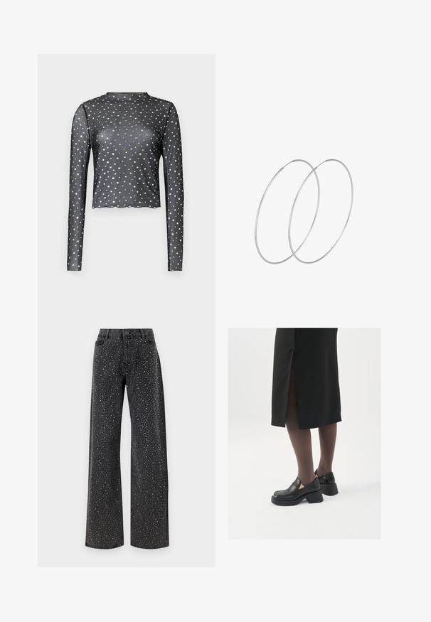 Melna garas piedurknes krekls, izgatavots no caurspīdīga auduma, ar viļņotu apakšmalu un sudraba zvaigžņu rakstu visā virsmā. Pieguļoša piegriezuma dizains.; Noisy May NMJANNEL LOOSE - Brīva piegriezuma džinsi - black denim; Melni ādas apavi ar noapaļotu purngalu, biezām bloku papēžiem un elastīgiem sānu akcentiem, apvienoti ar tumšām zeķubiksēm un melnu svārku ar šķirbu.; Sudraba gredzenveida auskari ar minimālistisku dizainu. Cirkulāra forma, gluda tekstūra un plāns profils. Vieglu svaru ar spīdīgu apdari.