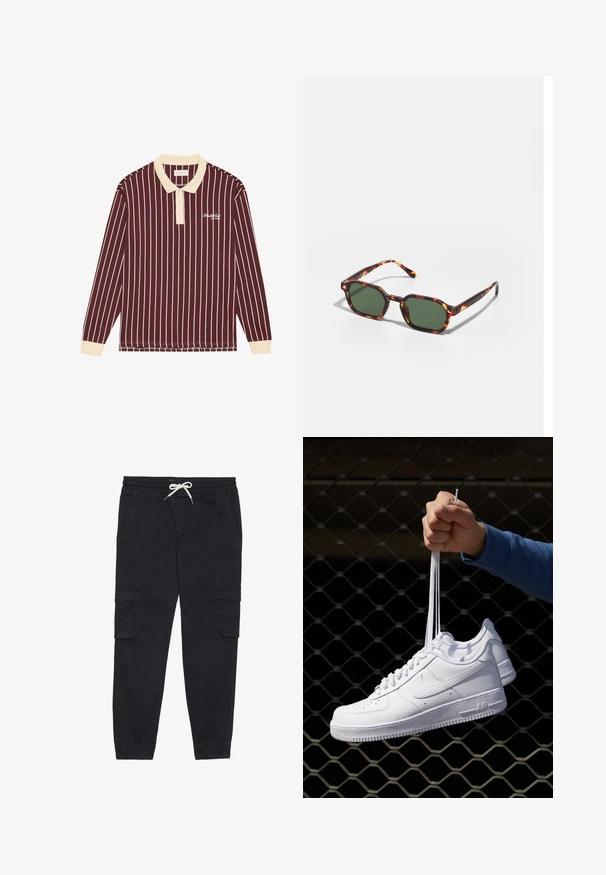 Polo a maniche lunghe bordeaux con strisce verticali crema, colletto crema e logo ricamato sul petto, con polsini a coste.; Pantaloni cargo neri in cotone, dotati di una vita elastica con coulisse, tasche laterali e polsini a sigaretta.; Sneakers in pelle bianca con perforazioni, punta rotonda, suola piatta e lacci spessi, con logo swoosh visibile e "AIR" sul tallone.; Occhiali da sole tartarugati con lenti verdi, dotati di una forma ottagonale e bracci sottili e curvi. Il materiale ha una finitura lucida.