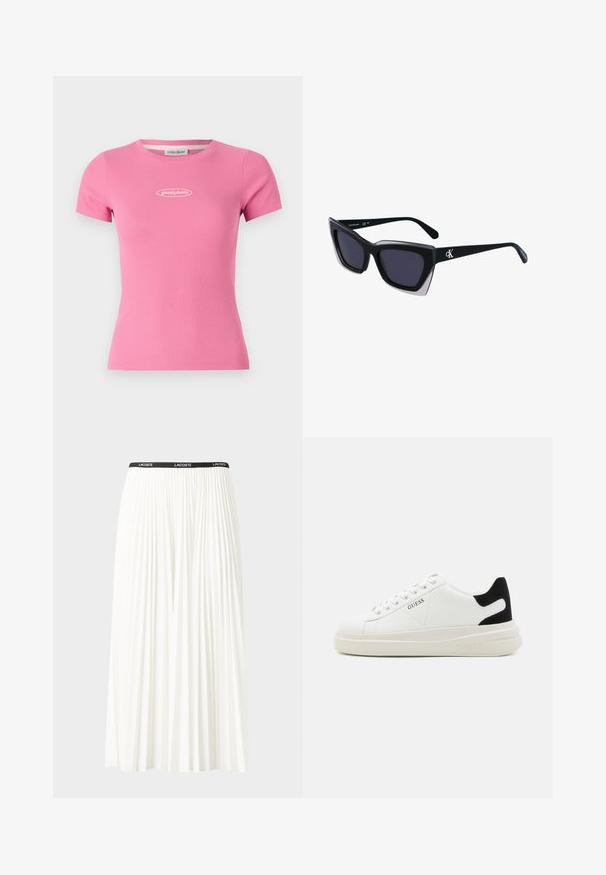 Camiseta de rayas rosa con un diseño ajustado, que presenta un escote redondo y un pequeño logo "guess jeans" en blanco en el pecho.; Falda blanca plisada con una cinturilla elástica negra que presenta el logotipo "LACOSTE". Diseño de longitud media con textura suave.; Zapatillas blancas de cuero con una suela blanca gruesa, acento en el talón de ante negro y logo grabado en el lateral. Diseño de cordones con seis ojales.; Gafas de sol negras de gran tamaño con una forma geométrica, que presentan lentes oscuros y un detalle gris contrastante en la montura. Logo en la pata.