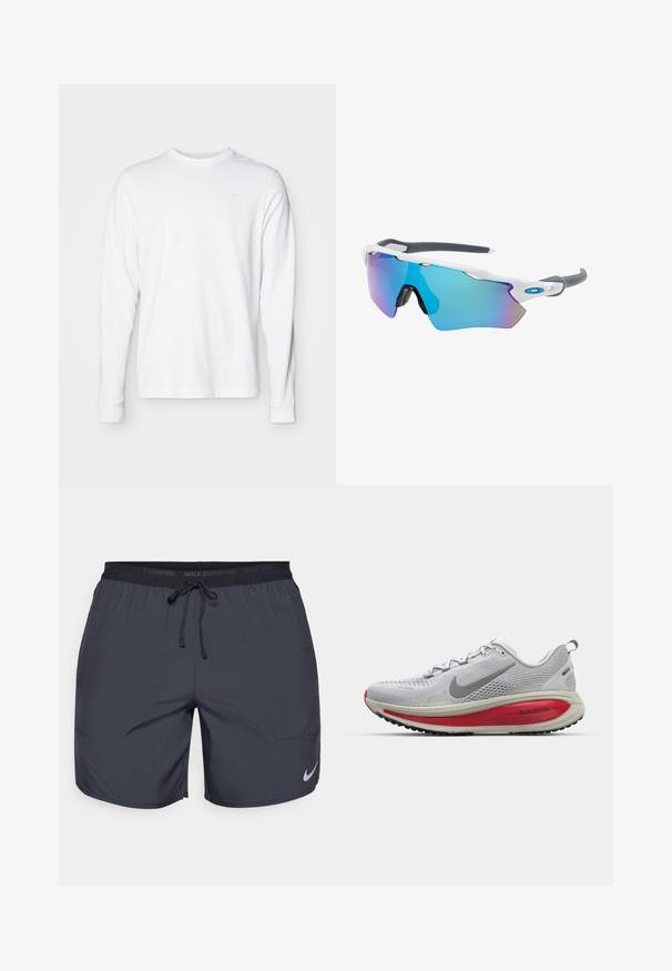 Long-sleeve white cotton T-shirt with crew neckline, ribbed cuffs, and small gray logo on the upper left chest.; Nike running shorts in dark gray, featuring an elastic waistband with a drawstring and a silver logo accent on the lower right leg.; Nike running shoe in light gray mesh with red accents, featuring a rounded toe, thick cushioning sole, and textured tread for grip.; Sunglasses with a white frame, gray accents, and blue mirrored lenses. Sporty design, wraparound shape, and adjustable nose pads.
