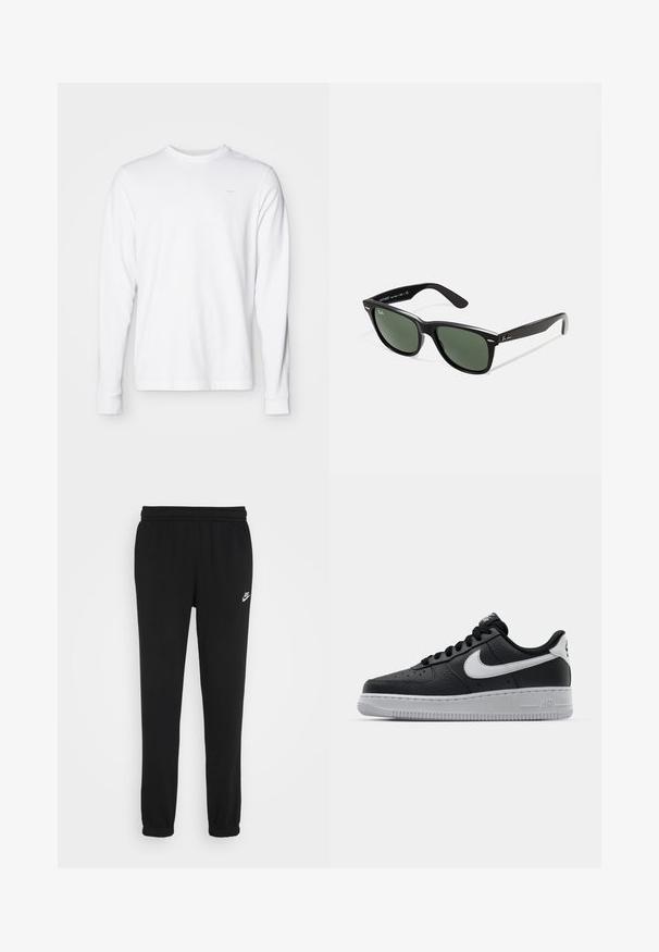 Pitkähihainen valkoinen puuvillapaita, jossa on pyöreä kaula-aukko, ribbaus hihansuissa ja pieni harmaa logo vasemmassa ylärinnassa.; Mustat collegehousut, joissa on elastinen vyötärö, resoreilla varustetut lahkeet ja pieni valkoinen Nike-logo vasemmalla puolella. Valmistettu pehmeästä teksturoidusta kankaasta.; Musta nahkakengät, joissa on teksturoitu pinta, valkoinen Nike -logo, harmaa pohja, pyöreä kärki ja nauhakiinnitys. Varustettu rei'illä kärkilaatikossa.; Mustat muoviset aurinkolasit, joissa on vihreät linssit, neliönmuotoiset kehykset, hopeinen yksityiskohta kulmakarvojen kohdalla sekä tekstuuriset temppeleiden varret. Brändi ilmoitettu sisävarsissa.