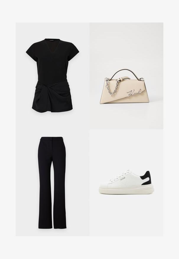 Svart kjole med V-hals, korte ermer og en samlet front med knyttet detalj. Glatt stoff med en tettsittende silhuett.; Sorte bukser med rett snitt, glatt tekstur, og en linning med en enkelt knappelukking. Ingen synlige mønstre eller detaljer.; Hvite lær sneakers med tykk hvit såle, svart semsket hælforsterkning og preget logo på siden. Snøresystem med seks hull.; Beige lærveske med en strukturert, trekantet form, som har et sølvfarget kjedehåndtak og en skrifttype-logo i metall.