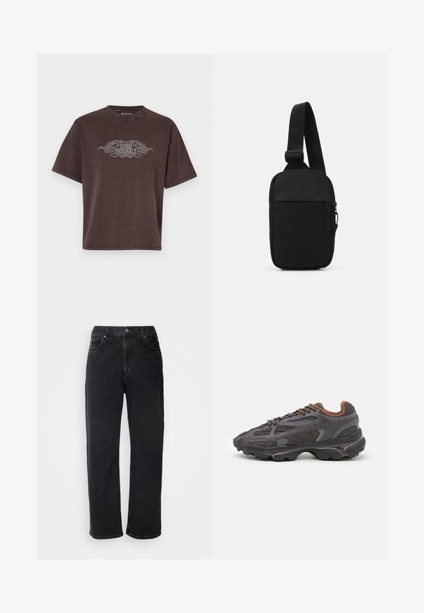 Hnědé oversized tričko vyrobené z bavlny s krátkým rukávem. Na přední straně má stříbrnou grafiku "Guess Originals" s plamenovými akcenty.; Černé džínové kalhoty s rovný střih, pěti kapsami a kontrastním prošíváním. Mají zapínání na knoflík a poutka na opasek.; Sněrovací boty Lacoste v tmavě šedé barvě s síťovinou a syntetickým materiálem, prezentující texturovanou podrážku a hnědé detaily na límci a logu.; Černá crossbody taška vyrobená z odolné tkaniny, s jedním nastavitelným popruhem, zapínacím hlavním oddělením a přední kapsou.