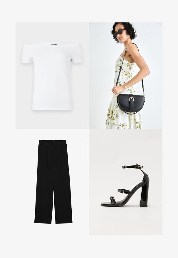 T-shirt branca off-the-shoulder com mangas curtas, feita de material de algodão suave, com um design ajustado e uma bainha inferior reta.; Calças largas pretas com um cinto franzido, apresentando dois bolsos laterais e um tecido suave e leve. Sem padrões ou ferragens visíveis.; Sandálias pretas de verniz com salto alto, duas fivelas, biqueira quadrada e salto largo, apresentando uma textura lisa e brilhante.; Bolsa de couro preta com forma curva, alça destacável e detalhes em dourado. A bolsa possui uma aba com detalhe de fivela.