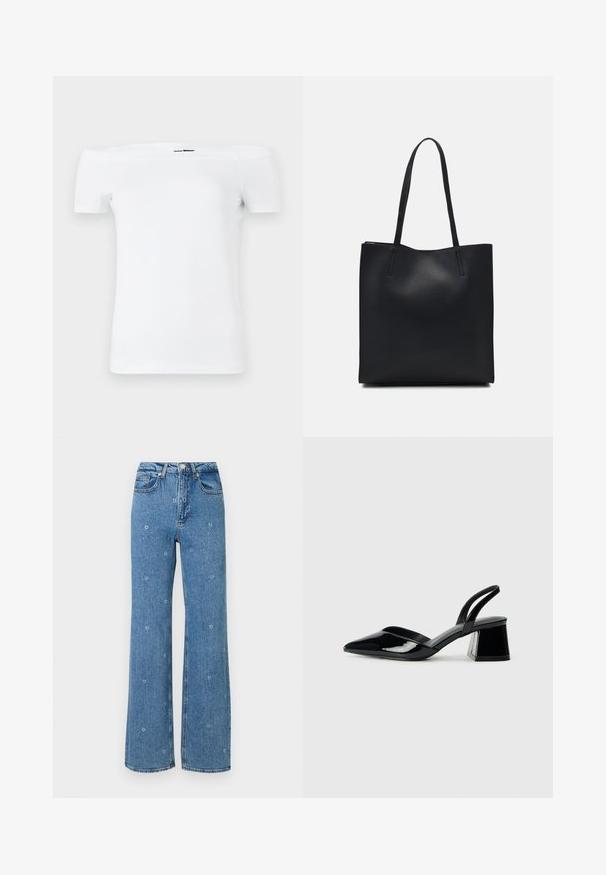 Vit off-shoulder t-shirt med kort ärm, tillverkad av mjukt bomullsmaterial, med en figursydd design och rak nederkant.; Blå hög midja raka jeans med små vita blommönster spridda över tyget.; Svarta lackläder slingback klackar med spetsig tå och geometrisk klack. Har en elegant, minimalistisk design och slät yta.; Svart lädertoffelväska med slät textur, rektangulär form och två långa handtag. Ingen synlig hårdvara eller dekorationer.