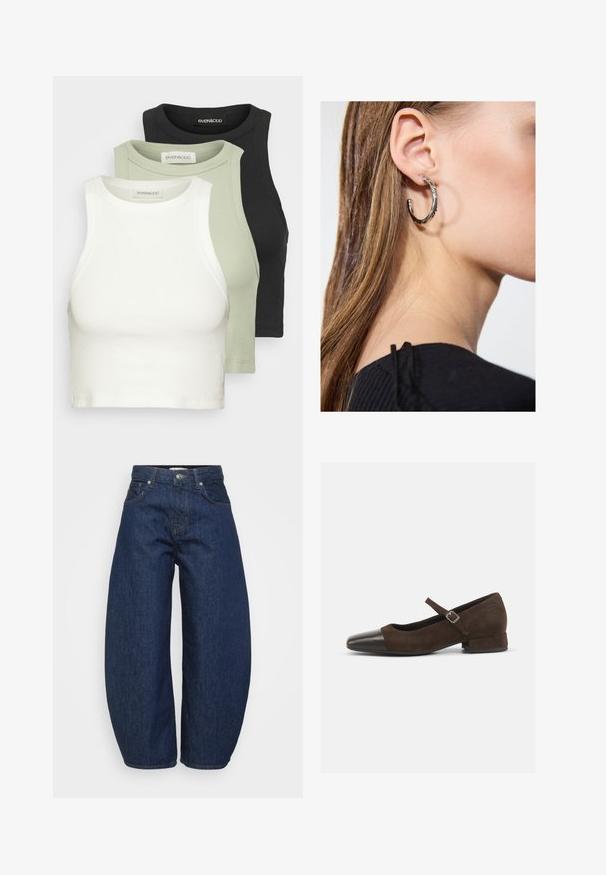 Trīs ribotu kārtu topu komplekts baltā, gaiši zaļā un melnā krāsā. Katram ir apaļš kakla izgriezums un bez piedurknēm. Mīksta kokvilnas auduma.; Tumši zili džinsa džinsi ar plašu, vaļīgu pieguļošanu. Ir rāvējslēdzēja aizdare, četri kabatas un kontrastējošas šuves gar šuvēm.; Brūni zamšādas Mary Jane apavi ar melnu lakotu purngalu, regulējamu siksniņu un zemu blokveida papēdi. Gluda tekstūra ar minimāliem akcentiem.; Sudraba auskars ar pulētu apdari, ar maziem zelta akcentiem un apaļu formu, uz ausu ļipiņas.