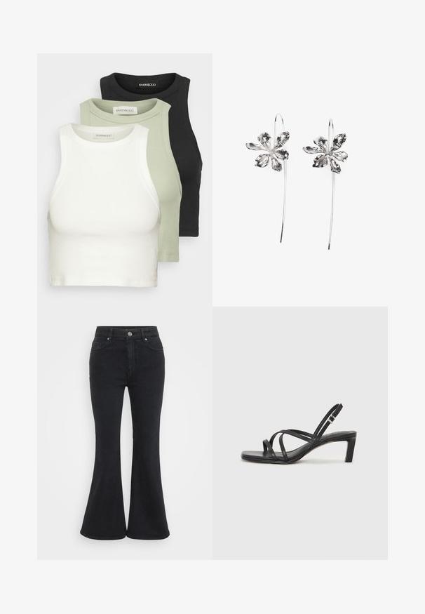 Set treh rebrastih kratkih majic v belem, svetlo zeleni in črni barvi. Vsaka ima krožni ovratnik in brezrokaven dizajn. Mehka bombažna material.; Črne široke kavbojke iz denima z visokim pasom, ki imajo zaponko, sprednje žepe in gladko, mat površino.; Črne natikače s trakovi in kvadratnim prstom ter nizkim blokastim peto. Imajo več tankih trakov in nastavljiv trak okoli gležnja. Narejene so iz gladkega usnja.; Srebrne uhani v obliki rože z teksturirano površino, ki imajo dolge kavljice in podrobnosti, podobne cvetnim listom, kar ustvarja zapleten dizajn.