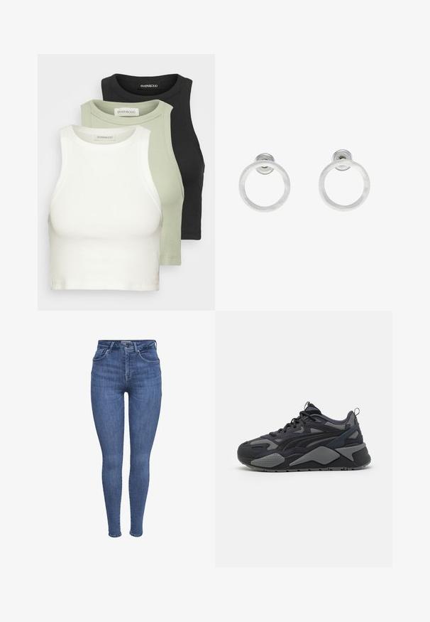 Set aus drei gerippten Croptops in Weiß, Hellgrün und Schwarz. Jeder hat einen runden Halsausschnitt und ein ärmelloses Design. Aus weichem Baumwollmaterial.; Blaue hochgeschnittene Skinny-Jeans mit frontalen Taschen, Knopf, Reißverschluss und Gürtelschlaufen, auf einem weißen Hintergrund präsentiert.; Schwarze sportliche Sneaker mit Obermaterial aus Mesh und Textil in Grauakzenten, einer robusten Sohle und markanten Designlinien.; Silberne Metall-Hoops Ohrringe mit gebürsteter Oberfläche, die ein kreisförmiges Design aufweisen und mit einem klaren Steckverschluss für einen sicheren Halt ausgestattet sind.