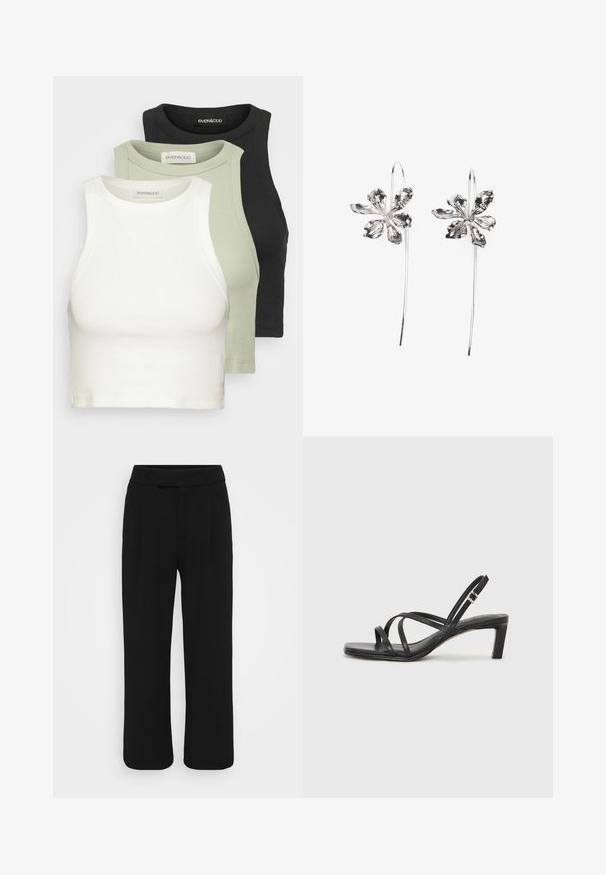 Trīs ribotu kārtu topu komplekts baltā, gaiši zaļā un melnā krāsā. Katram ir apaļš kakla izgriezums un bez piedurknēm. Mīksta kokvilnas auduma.; Melnas platās bikses, izgatavotas no gludas auduma, ar plakanu priekšpusi, jostu cilpiņām un bez redzamām kabatām. Tīrs, šūts dizains.; Melnas strappy sandales ar kvadrātveida purngaliem un zemu bloku papēdi. Ievērojamas ar vairākiem plāniem siksniņām un regulējamu potītes siksniņu. Izgatavotas no gludas ādas.; Sudraba zieda formas auskari ar teksturētu apdari, ar garām uzkarsējošām daļām un ziedlapiņām līdzīgām detaļām, veidojot sarežģītu dizainu.