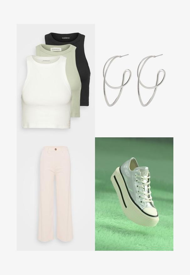Zestaw trzech prążkowanych topów typu crop w białym, jasnoszarym i czarnym kolorze. Każdy z nich ma okrągły dekolt i jest bez rękawów. Wykonane z miękkiego bawełnianego materiału.; Spodnie o szerokich nogawkach w miękkim kremowym materiale, z wysokim stanem, pojedynczym zapięciem na guzik i minimalnymi detalami przeszycia.; Metaliczne srebrne sneakersy z platformą, białymi sznurowadłami i czarnymi akcentami. Posiadają okrągły nosek i teksturowaną gumową podeszwę.; Srebrne metalowe kolczyki w formie obręczy o skręconym wzorze, z gładką, wypolerowaną powierzchnią i cienką konstrukcją ze drutu.