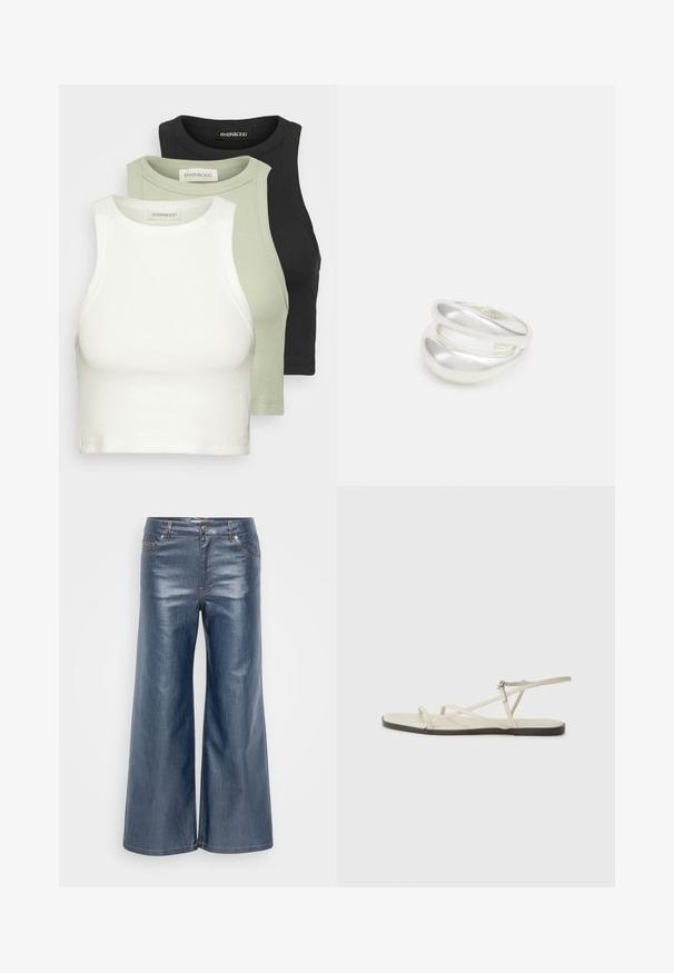 Set treh rebrastih kratkih majic v belem, svetlo zeleni in črni barvi. Vsaka ima krožni ovratnik in brezrokaven dizajn. Mehka bombažna material.; Svetlo modri široki jeans hlače z gladko teksturo, petimi žepi in kontrastnim šivanjem. Sprednje zapiranje na gumb in zadrgo.; Beige ravne sandale z več tankimi trakovi in nastavljivim zaponcem. Podplat je raven z rahlo temnim kontrastom na robu.; Srebrn dvojni prstan z gladko, polirano površino. Ima tekoč, ukrivljen dizajn z prekrivajočimi se sekcijami za sodoben videz.