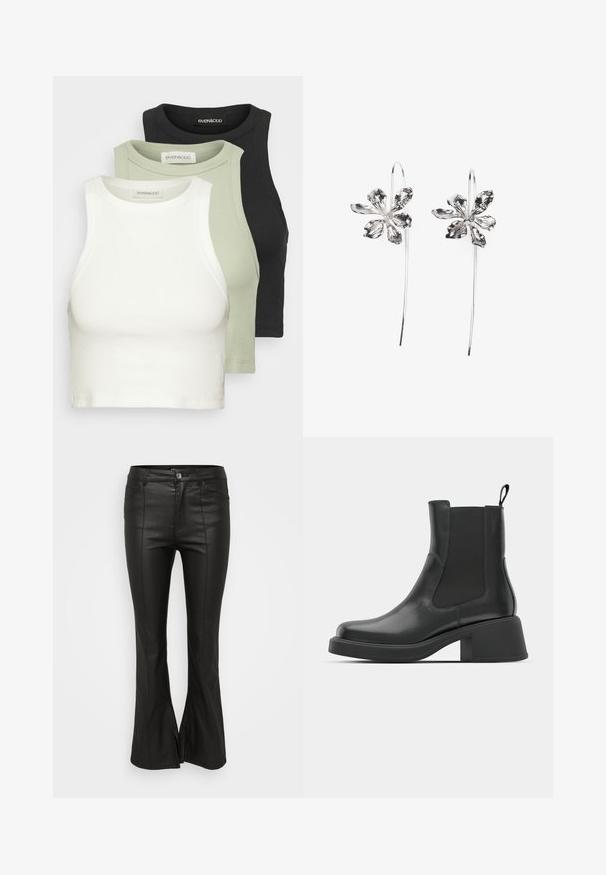 Trīs ribotu kārtu topu komplekts baltā, gaiši zaļā un melnā krāsā. Katram ir apaļš kakla izgriezums un bez piedurknēm. Mīksta kokvilnas auduma.; Melnas izplešotas bikses ar spīdīgu ādas līdzīgu tekstūru, ar priekšējiem kabatām, pogu aizdari un sānu izgriezumiem pie apakšmalas.; Melna ādas potītes zābaki ar elastīgām sānu daļām, noapaļota purngala forma un masīls blokveida papēdis. Gluda tekstūra un minimālisma dizains.; Sudraba zieda formas auskari ar teksturētu apdari, ar garām uzkarsējošām daļām un ziedlapiņām līdzīgām detaļām, veidojot sarežģītu dizainu.