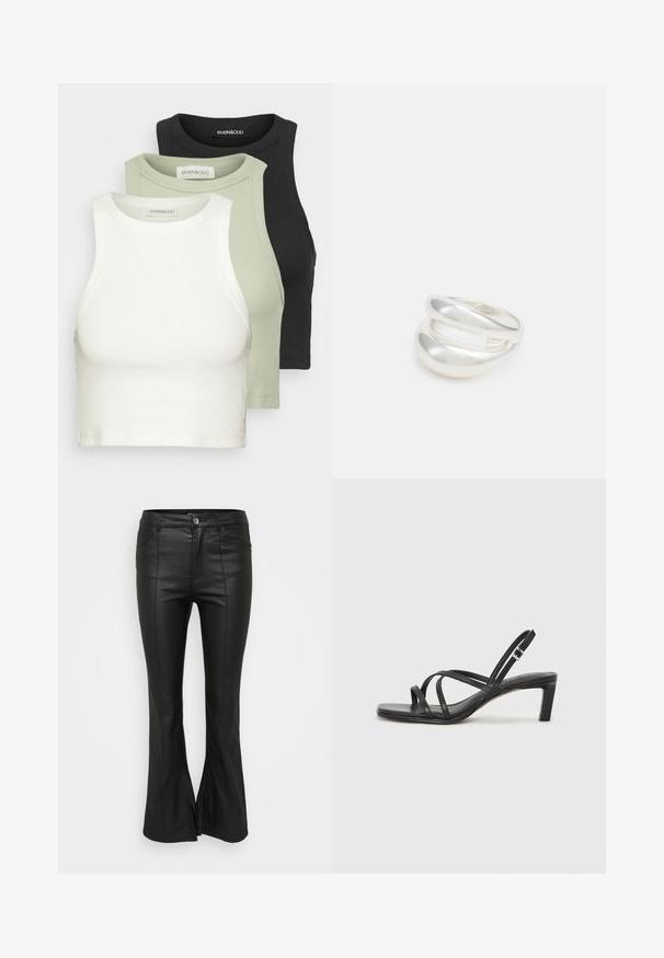 Conjunto de tres tops cortos acanalados en blanco, verde claro y negro. Cada uno presenta un cuello redondo y un diseño sin mangas. Material de algodón suave.; Pantalones acampanados negros con una textura brillante y similar al cuero, que cuentan con bolsillos delanteros, cierre de botón y aberturas laterales en el dobladillo.; Sandalia negra de tiras con punta cuadrada y tacón bajo de bloque. Presenta múltiples tiras delgadas y una correa ajustable en el tobillo. Fabricada en cuero suave.; Anillo de plata de doble banda con una superficie lisa y pulida. Presenta un diseño fluido y curvado con secciones superpuestas para un aspecto moderno.