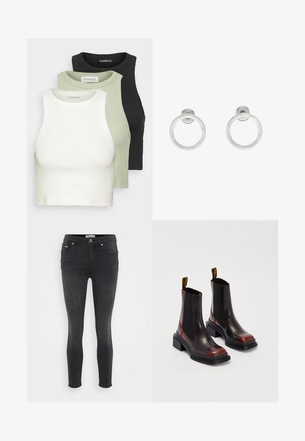 Kolme ribattu crop-topia valkoisena, vaaleanvihreänä ja mustana. Jokaisessa on pyöreä kaula-aukko ja hihaton muotoilu. Pehmeä puuvillakangas.; Mustat kapeat farkut, jotka on valmistettu denimistä. Ominaisuuksiin kuuluu edessä nappikiinnitys ja vetoketjullinen tasku vyötäröllä. Sileä pinta, jossa on vain vähän haalistumista.; Dr. Martens MAYBOLE CHELSEA - Platform-nilkkurit - black/cherry red; Hopeista valmistetut korvakorut, joissa on harjattu pinta, ympyrän muotoinen muotoilu ja kirkas varsi takana, joka takaa turvallisen käytön.