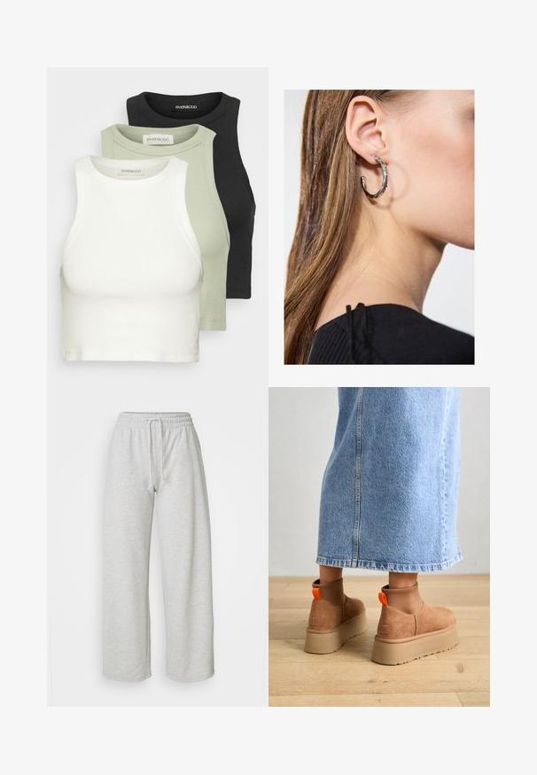 Set treh rebrastih kratkih majic v belem, svetlo zeleni in črni barvi. Vsaka ima krožni ovratnik in brezrokaven dizajn. Mehka bombažna material.; Even&Odd Petite Spodnji deli trenirk - mottled light grey; Rjave suede platform čizme z elastičnimi stranskimi paneli in oranžnimi zankami, v kombinaciji s svetlobno denim krilom do kolen na lesenem tleh.; Srebrna obročasta uhana s polirano površino, ki vključuje majhne zlate poudarke in okroglo obliko, nošena na ušesnem lobu.