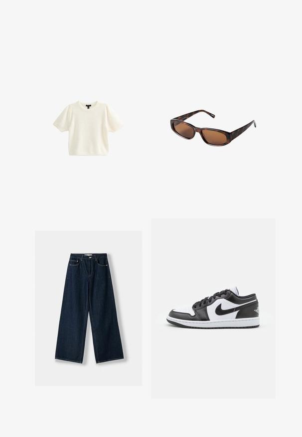 Korte mouwen, zacht wit trui met een gestructureerde stof, ronde halslijn en pofmouwen. Glad afwerking, casual ontwerp.; Donkerblauwe, wijde spijkerbroek van denim. Beschikt over vijf zakken, een knoop- en ritssluiting, en contrasterende stiksels.; Zwart-witte Nike lage sneakers hebben een glad leren bovenwerk, een ronde neus, vetersluiting en een gestippelde rubberen zool.; Brown tortoise-shell zonnebril met rechthoekige lenzen, slank profiel en gebogen armen. Lenzen hebben een bruin tint, het frame is van kunststof.; Zwarte leren draagtas met een gestructureerde afwerking, voorzien van twee verticale lijnen, dubbele schouderbanden en een minimalistisch ontwerp.