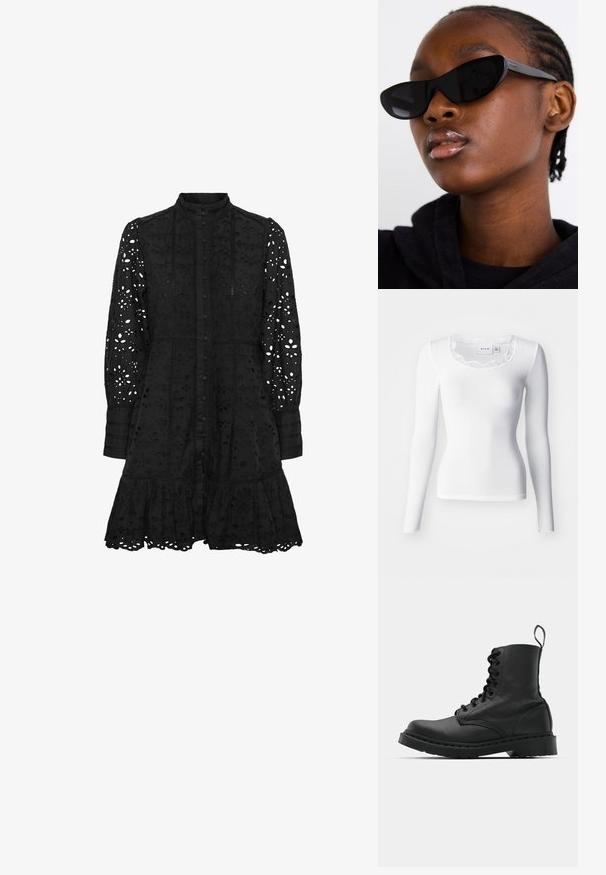 Valge pikkade varrukatega ribane topp, millel on laineline pitsist kaelus ja toestatud siluett. Kangas on sile ja pehme tekstuuriga.; Mustlejõhuga must siidkleit, millel on nööpidega esiosa, pikad varrukad ja volangiga äär. Peal on lõigatud lille- ja geomeetrilised mustrid.; Mustad mustavi combat kingad ümmarguse varbaga, paeltega esiosa ja säärel tõmbeaas. Omab paksu kummist tallat, mis tagab vastupidavuse.; Must musta silmad eest vaatavad mustad prillid, millel on matt viimistlus, elegantne disain ja õrnalt kõverad servad, mudeli tumeda riietuse taustal.