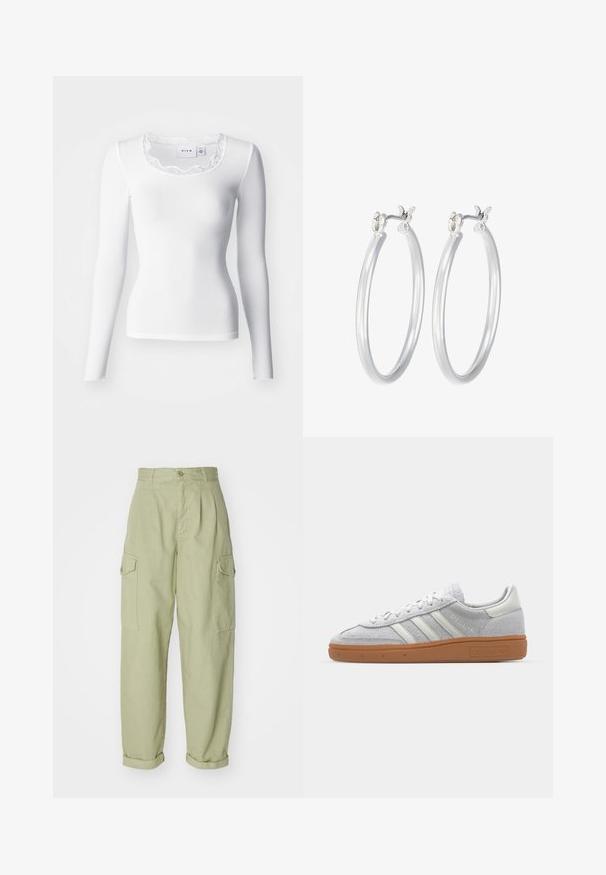 Bela dolga majica z ribasto teksturo in ovratnikom iz čipke v obliki školjke ter prilegajočim krojem. Tkanina je gladka z mehko teksturo.; Svetlozeleni cargo hlače iz bombažnega blaga. Imajo visok pas, zavihane manšete in dva stranska cargo žepa za dodatno uporabnost.; Svjetlo sivi suedesni sportski cipeli s bijelim kožnim naglascima, tri bijele pruge i smeđi gumeni potplat, s podstavljenim ovratnikom za udobnost.; Srebrni obroči za ušesa z gladko, polirano površino. Okrogla oblika in varna zaponka s klikom. Lahka zasnova, primerna za vsakodnevno nošenje.