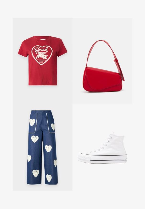 Red cotton t-shirt featuring a white heart graphic with "Coach," a running winged horse, and "America's Original House of Leather" text.; Sister Jane HEART TO HEART - Straight leg jeans - blue denim; White high-top canvas sneaker with black rubber sole, front rubber toe cap, and six eyelets for laces, featuring a clean, minimalist design.; Red leather handbag with an angular, geometric design. Features a single adjustable strap and a flap closure with stitched detailing.
