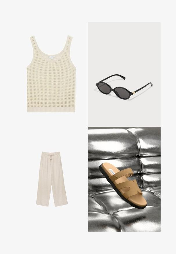 Cremfarbener Tanktop mit einem lockeren, offenen Strickmuster und breiten Schulterträgern. Abgerundet mit einem gerippten Saum, der einen strukturierten Look verleiht.; Beige Leinen-Hosen mit weitem Bein, mit einem Kordelzugbund, zwei Seitentaschen und einem leicht strukturierten Stoff für Atmungsaktivität und Komfort.; Tan Slide-Sandalen mit zwei breiten Riemen mit Ausschnitten, einem glatten Lederoberteil und einer strukturierten schwarzen Gummisohle, vor einem metallischen Hintergrund präsentiert.; Schwarze ovale Sonnenbrille mit dunklen Gläsern, glänzendem Kunststoffrahmen und goldenen Akzenten an den Bügeln.; Graue Lederhandtasche mit doppelten Griffen, einem abnehmbaren Gurt, glatter Textur und einem metallischen Verschluss an der Vorderseite. Runde Form und minimalistisches Design.