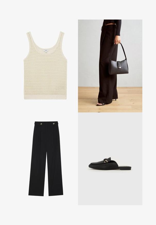 Kremo spalvos tankų marškinėliai su laisvu, atviru mezgimo raštu ir plačiomis petnešomis. Baigti su elastinga apdaila, suteikiančia struktūrinį vaizdą.; Juodi plačios kojos kelnės su aukštu liemeniu, sagų detalėmis ant liemens ir priekinėmis raukšlėmis.; Juodas slip-on tipo batelis, pagamintas iš lygios odos. Turi apvalų nosį, dekoratyvią pintą juostelę ir mažą auksinį akcentą. Plokščias padas.; Juodas rankinė struktūrizuota forma, lygi tekstūra ir metalinis užsegimas. Suporuota su plačiomis juodomis kelnėmis ir atvirais bateliais ant medinių grindų.