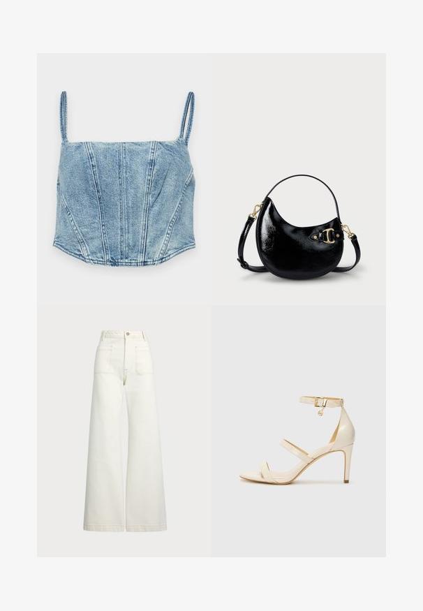 Svetlomodrá džínsová cropped blúzka s tenkými ramienkami, so štruktúrovanými švami na telese a mierne zakriveným lemom. Má hladkú textúru.; Džínsy s širšími nohavicami v off-white denim. Vysoký pás s gombíkovým zapínaním, dve predné vrecká a kontrastné švy.; Béžové sandále na vysokom podpätku s tenkým remienkom okolo členka a dvoma hornými remienkami. Lesklý lakovaný povrch a zlaté kovové detaily na remienku okolo členka.; Čierna patinovaná kožená kabelka s krivým tvarom, nastaviteľným popruhom a zlatými detailmi na strane. Hladká, lesklá textúra.