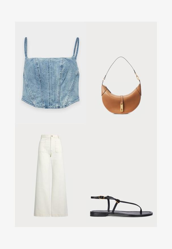 Světle modrý denimový croptop s tenkými ramínky, strukturovanými švy v oblasti těla a mírně zakřiveným lemem. Má hladkou texturu.; Džíny s širokými nohavicemi v off-white denim. Vysoký pas s knoflíkovým zapínáním, dvě přední kapsy a detaily kontrastního šití.; Černé ploché sandály s minimalistickým designem. Mají tenké pásky, mezi prsty, zlaté kovové akcenty a hladkou, strukturovanou podešev.; Hnědá kožená kabelka s zakřiveným tvarem, zlatými detaily a tenkým ramenním popruhem. Obsahuje zipové uzavření a logo na přední straně.