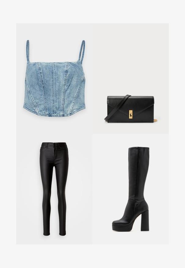 Light blue denim cropped top with thin straps, structured bodice seams, and a slightly curved hem. Features a smooth texture.; Black faux leather skinny jeans with a smooth texture, high waist, button closure, and traditional five-pocket design.; Black knee-high boots made of smooth leather with a textured finish, featuring a high block heel and a round toe design.; Black leather wallet with a fold-over flap, gold hardware, featuring a logo accent. Includes a detachable strap for carrying.