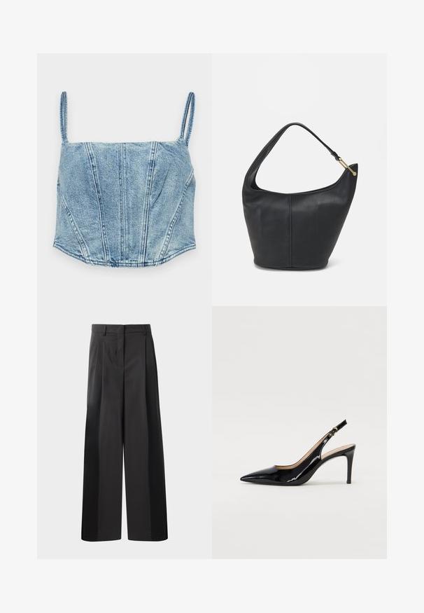 Heledablu denim crop-top õhukeste rihmadega, struktureeritud rinnaõmblustega ja kergelt kumerate äärestustega. Omab siledat tekstuuri.; Mustad laiad püksid kõrge vöökohaga, millel on ees voldid, sile tekstuur ja õmmeldud viimistlus. Kujundatud lõdva istuvuse saavutamiseks.; Must hõbedavärvi patendiga slingback kontsakingad terava varbaga, kitsas konts ja peene lõikega disain. Statistika on kuldne pandla rihmal.; Musthave musta nahast käekott ümarate servadega, laia rihmaga ja tekstureeritud pinnaga. Omab peenelt õmblust detailina ning kullatooni aksessuaare.