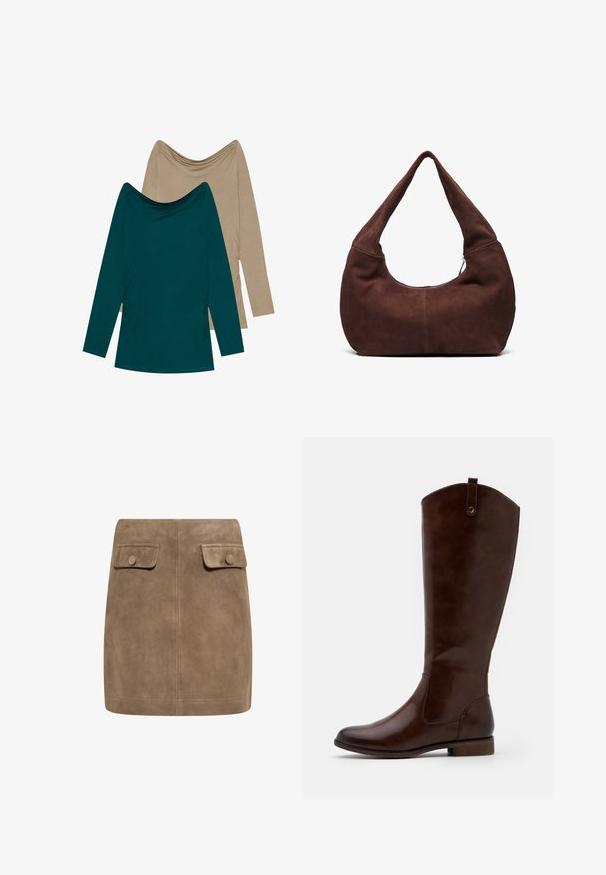 Dwie bluzki z długim rękawem; jedna w odcieniu turkusowym, a druga beżowa. Obie mają dekolt w kształcie drapowania oraz marszczenia po bokach, wykonane z miękkiego materiału.; Brązowa zamszowa mini spódnica o gładkiej fakturze, z dwiema przednimi kieszeniami na klapki oraz zapięciem na guziki po obu stronach. Prosty, prosty krój.; Brązowe botki za kolano wykonane z gładkiej skóry, z zaokrąglonym noskiem, niskim, klejonym obcasem oraz subtelnym wzorem przeszyć po bokach.; Brązowa zamszowa torba hobo z krzywym, szerokim uchwytem i dużym otworem. Miękka tekstura z widocznym szyciem wzdłuż krawędzi.