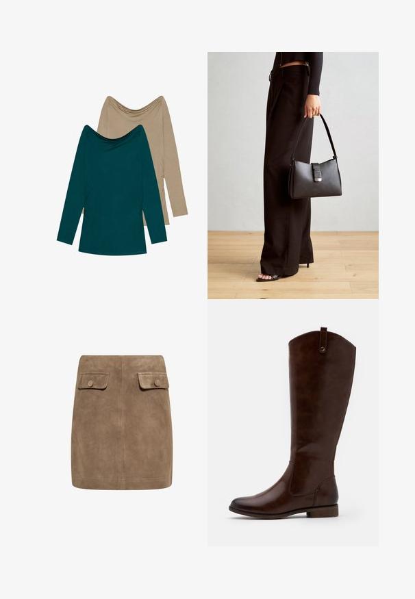 Kaks pikka varrukatopp; üks türkiissinine ja teine beež. Mõlemal on volditud kaelus ja kokku kogutud detailid külgedel, valmistatud pehmest kangast.; Pruun nubuk mini seelik sujuva tekstuuriga, millel on kaks esimest klapikotti ja nupuväravad igal küljel. Lihtne, sirge disain.; Prunadest kõrge kontsaga saapad, mis on valmistatud siledast nahast, ümarate varvastega, madala tindikontsaga ja peene õmblusmustriga külgedel.; Must musta kott, millel on struktureeritud kuju, sile tekstuur ja metallist klamber. Kombineeritud laiate mustade pükstega ja avatud varvaste sandaalidega puidust põrandal.