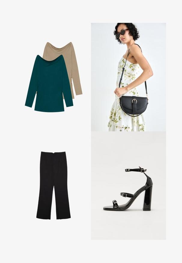 Dwie bluzki z długim rękawem; jedna w odcieniu turkusowym, a druga beżowa. Obie mają dekolt w kształcie drapowania oraz marszczenia po bokach, wykonane z miękkiego materiału.; Czarne spodnie o prostym kroju, z przednimi kieszeniami i bocznymi rozcięciami na dole. Wykonane z miękkiego, gładkiego materiału. Odpowiednie na różne okazje.; Czarne lakierowane sandały na obcasie z kwadratowym noskiem, z paskami wokół kostki i srebrnymi klamrami. Posiadają masywny słupek dla stabilności.; Czarna skórzana torebka o zakrzywionym kształcie, z odpinanym paskiem i złotymi akcentami. Torebka posiada klapę z zapięciem w kształcie klamry.