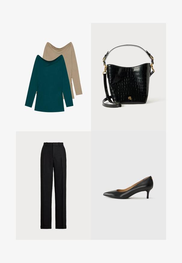 Du duogi ilgesnių rankovių marškiniai; vienas melsvai žalias, kitas smėlinis. Abu turi drapiruotą iškirptę ir surinkimus šonuose, pagaminti iš minkštos medvilnės.; Juodos lininės kelnes, aukštu juosmeniu. Turi tiesią koją, spaustas raukšles ir atvartus apatine dalimi. Nėra matomų kišenių ar užsegimų.; Juodos odinės aukštakulnės bateliai su smailiu nosiu, žemu kulnu ir lygiu paviršiumi. Priekyje yra nedidelis atvirumas, o gale minimalus apdaila.; Juodas krokodilo rašto odinis krepšys su lenkta forma, auksiniais aksesuarais, reguliuojama juosta ir logotipo detale priekyje.